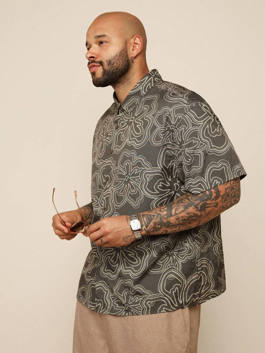 EASEVO Plus Size Men's Casual Loose Fit Woven Short Sleeve Shirt, Suitable For Summer