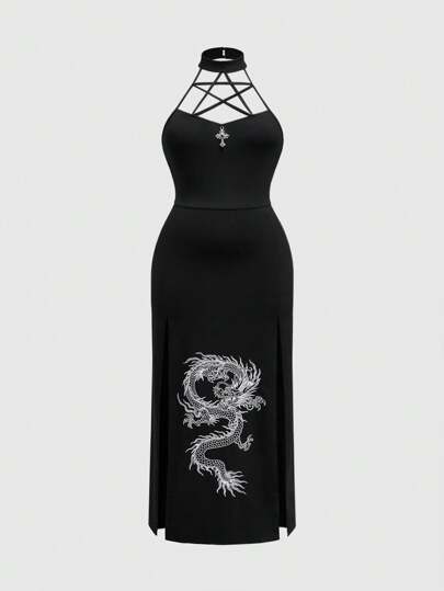 Fairycore Vestido elegante de talla grande para verano con estampado de dragón, escote halter y espalda descubierta