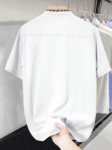 Manfinity Mode Men's Casual Summer Short Sleeve Striped Stand Collar Shirt, Slim Fit Button-Down Casual Shirt With Contrast Color Pocket Design, Versatile For Daily, Casual, Holiday, Commute, Gift For Husband Or Boyfriend Men Fitted Shirts Men Designer Shirts Style Shirts For Men Mens Fashion Shirts Men Dress Shirts Short