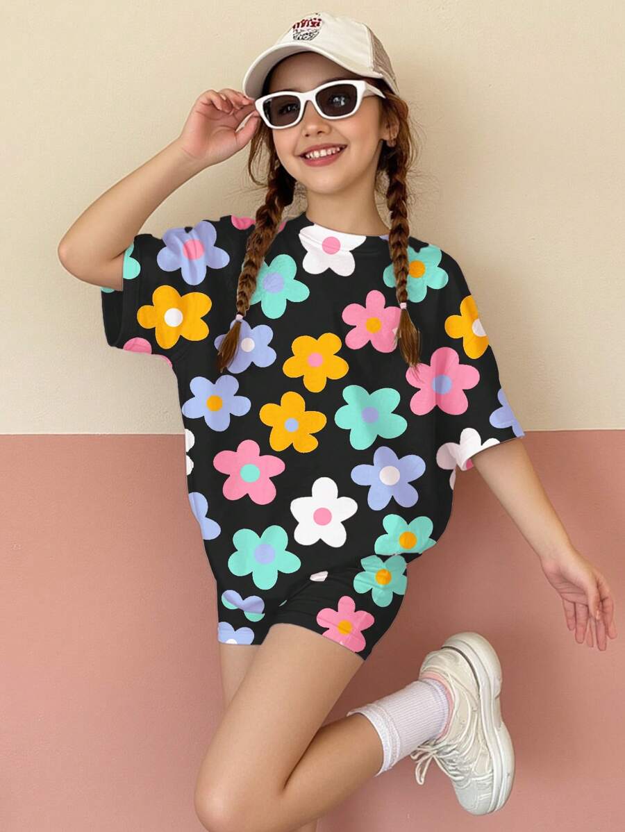 SHEIN Leap Crew 2pcs/Set Tween Girls Casual Simple Short Sleeve T-Shirt And Shorts Set, Suitable For Summer - Multicolor - View 1