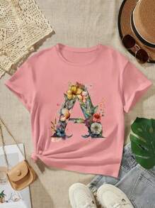 Young Girl Casual Watercolor Floral & Letter Print Short Sleeve T-Shirt - Coral Pink - View 1