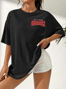 SHEIN EZwear Oversized Casual Simple Cherry Pattern Round Neck Drop Shoulder Loose T-Shirt For Women, Summer Back To School - Black - View 4