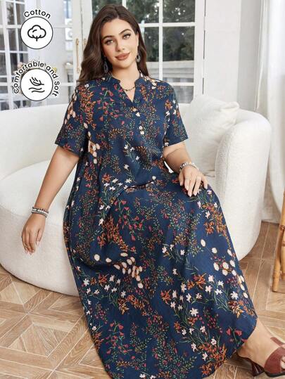 Lacomfia فستان بتصميم مريح طباعة زهرية وأكمام قصيرة مقاس كبير بقصة فضفاضة، للربيع والصيف