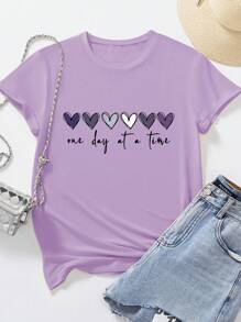 SHEIN LUNE Love Letter Slogan Round Neck Short Sleeve Plus Size Fashionable T-Shirt - Purple - View 3