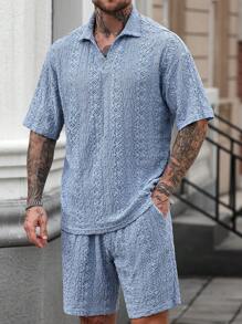 Manfinity Homme Men's Textured Knit Polo Shirt And Shorts Set Men Two Piece Casual Short Sets Mens Baby Blue Short Set Crochet Mens Short Set