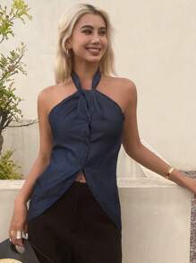 Livesso 女式露背系带前无袖休闲牛仔衬衫，夏季 - 深色水洗藍 - 查看 5