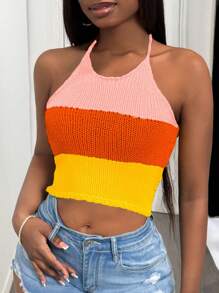 Slaydiva Women's Summer Contrast Color Cropped Halter Knit Tops - Multicolor - View 7