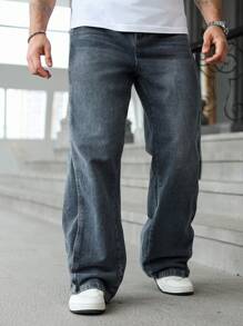 Manfinity Hypemode Men's Plus Size Denim Jeans Casual Modern Fit Grey Wash Long Leg Zipper Fly Loose Wide Leg Denim Pants For Everyday Wear
