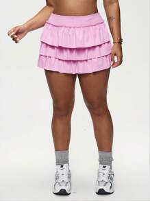 Easithlete Quần thể thao mùa hè xếp nếp nhiều lớp màu trơn cỡ lớn dành cho nữ - Hồng - Xem 6