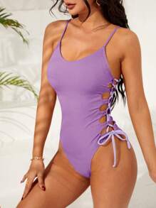 Swim Vcay 1 bộ đồ bơi liền mảnh cắt laser màu trơn có dây đeo chéo bên hông - Màu tím - Xem 4