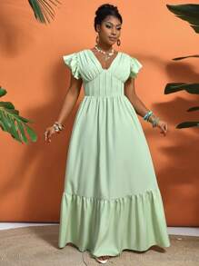 SHEIN Unity Women's V-Neck Ruffle Sleeve Waist-Cinched Dress With Tie-Back - Green - View 5