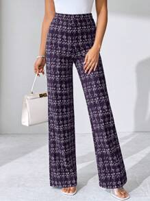 SHEIN Clasi 夏季优雅女士格纹印花弹力针织裤，适合各种场合，适合夏季度假、优雅旅行、日常通勤 - 紫色 - 查看 6