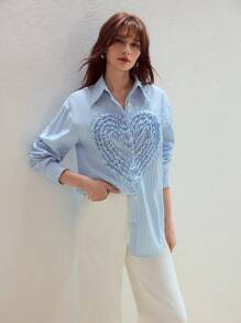 MOTF STUDIO WOMEN STRIPED PRINT LAYERED FRILL TRIM HEART PATTERN SHIRT - Blue - View 5