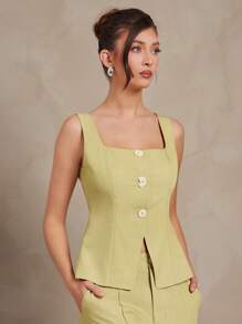 L'Amorae Women Square Neck Resin Button Detail Summer Vacation Old Money Sage Color Office Top Waistcoat - Green - View 1