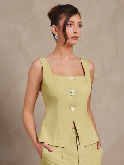 L'Amorae Women Square Neck Resin Button Detail Summer Vacation Old Money Sage Color Office Top Waistcoat