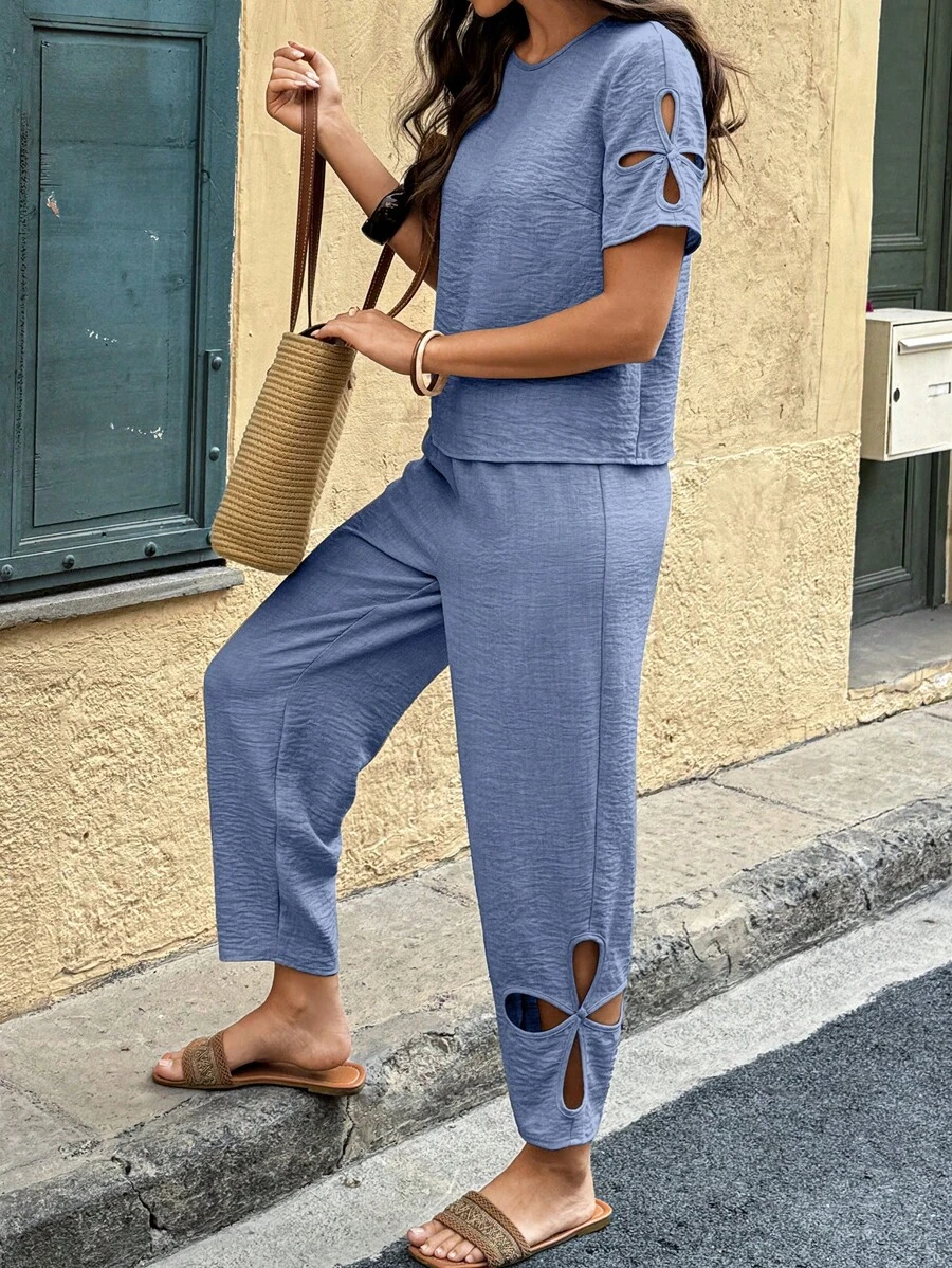 Breezaya Bộ 2 món Áo sơ mi cổ tròn tay ngắn khoét rỗng cho nữ + Quần dài thường ngày khoét rỗng - Màu xanh lam - Xem 1
