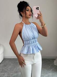 SHEIN Clasi 性感露背挂脖条纹短款上衣，夏季 - 彩色 - 查看 8