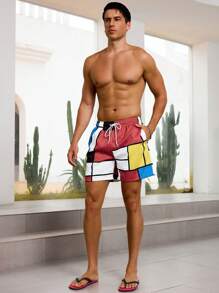 Surfspeed Men's Drawstring Geometric Print Summer Beach Shorts, Hawaiian - Multicolor - View 4