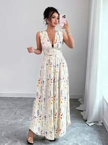 Elenzga Women's Holiday Summer Outfit, Graduation, Independence Day, Inspired By Ibiza, Romantic Alluring Woven Daisy Ditsy Floral Halter Criss-Cross Open Back Bowknot Deep V Waist Cut Open Leg Jumpsuit - Apricot - View 6