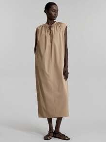 Ontre Váy dài ngang gối không tay tối giản màu trơn dành cho nữ năm 2025, mùa hè - Màu Khaki - Xem 5
