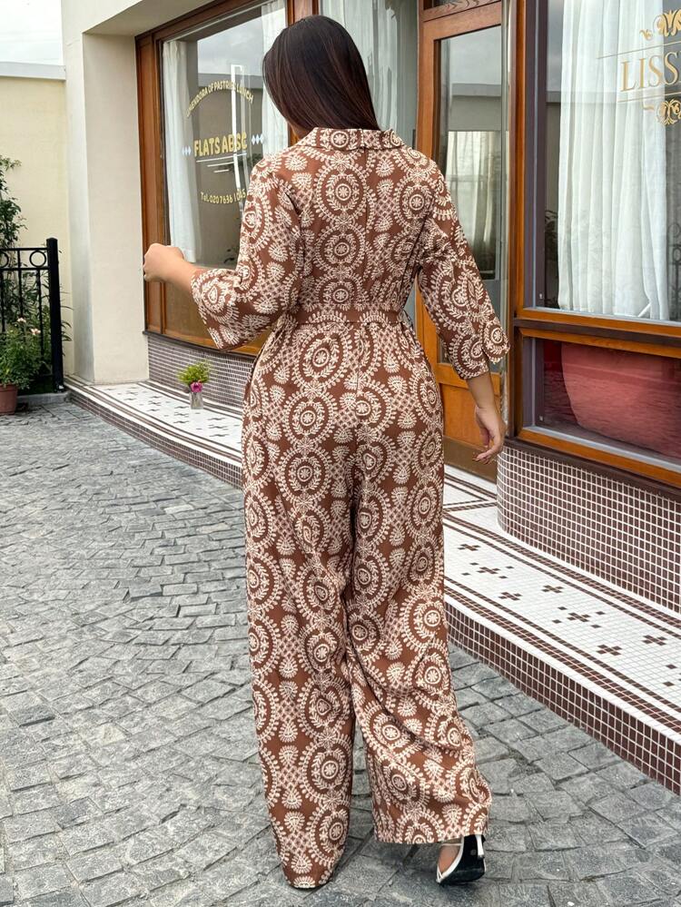 Dazy Plus Plus Size All-Over Floral Print Turndown Collar Drawstring Waist Loose Wide Leg Jumpsuit Fall/Winter Vacation Outfits Women Boho