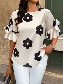 Weeklong 大码随机印花圆领蝴蝶结装饰短袖衬衫