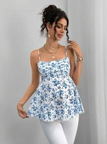 Momance Camisola ajustada con estampado floral elegante para mujeres embarazadas - Azul y blanco - Ver 1