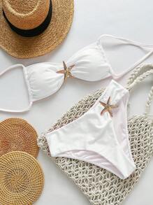 Swim Chiccia 女士海蓝色纯色细肩带金属装饰优雅两件套比基尼套装，海滩夏季服装 - 白色 - 查看 3