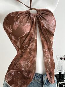 Elamini Regata casual feminina sem mangas com estampa paisley, azul marinho, para férias - Castanho Café - Ver 4