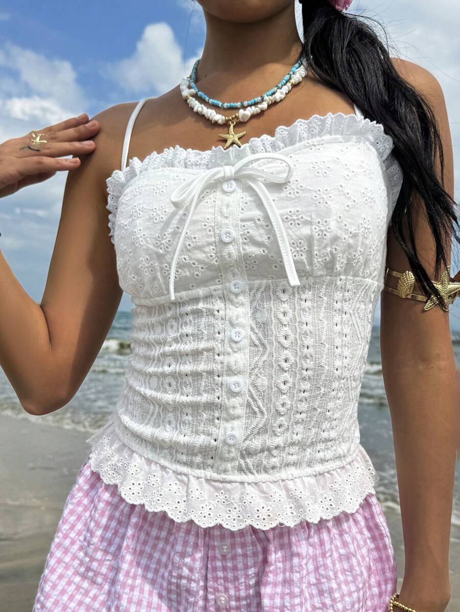 SHEIN EZwear White Embroidered Fabric Casual Women's Camisole - White - View 1