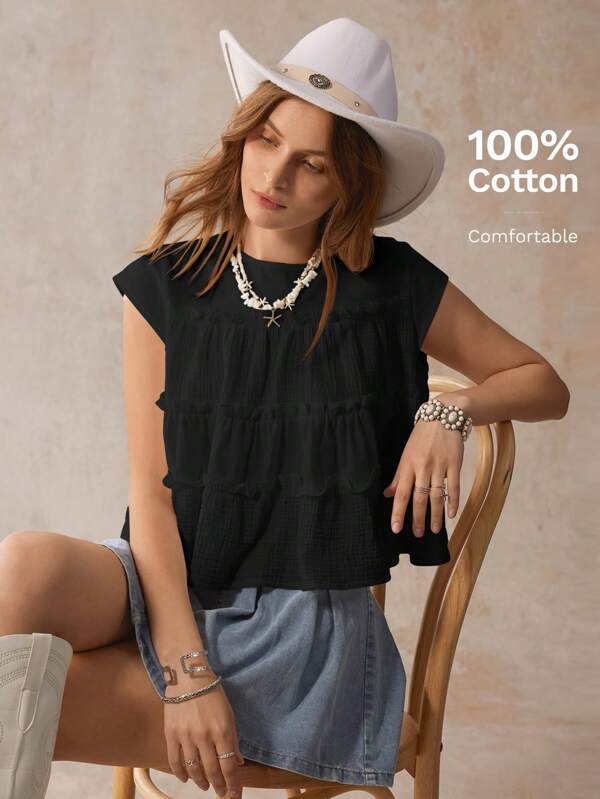 Wildy Camisa blanca holgada de oficina para mujer, estilo casual estadounidense del oeste, con manga corta