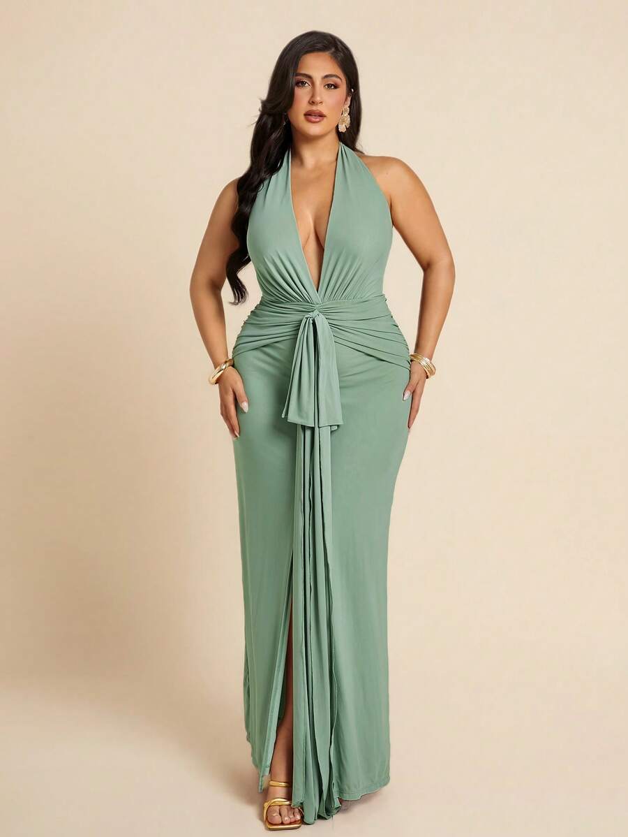 SHEIN BAE 大码女式绿色V领网眼连衣裙，夏季，7月4日曲线，女士沙滩装，女士机场装，女士节日装，毕业典礼，女士夏装，女士外出上衣，狂欢装，女士性感俱乐部装，女士生日装，女士西部装，网眼连衣裙，节日晚装，女士夏装，女士婚礼宾客装，节日装，长裙