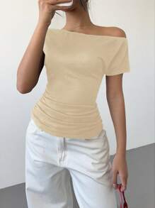 SHEIN Essnce Asymmetrical Off Shoulder Pleated Asymmetric Black T-Shirt For Women
