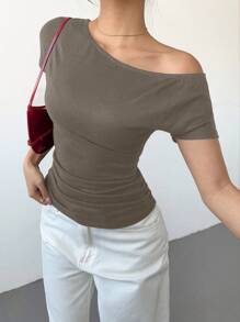 Siren Gaze Women's Slash Neck Ruffle Detail Asymmetrical Hem T-Shirt, Black Summer