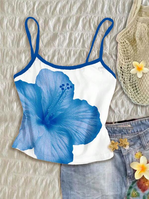 Attitoon Maiou de damă, croială slim fit, cu bretele spaghete, imprimeu cu flori de hibiscus, potrivit pentru vară și vacanță