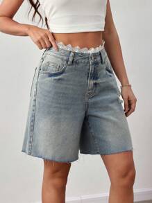 SHEIN Tall Damen Lässig Ultra Tief Sitzende Jeans Shorts, Blaue Hochtaillierte Bermuda Jeans Shorts mit Spitzenband, Country Konzert Flughafen - Mittele Waschung - Übersicht 5