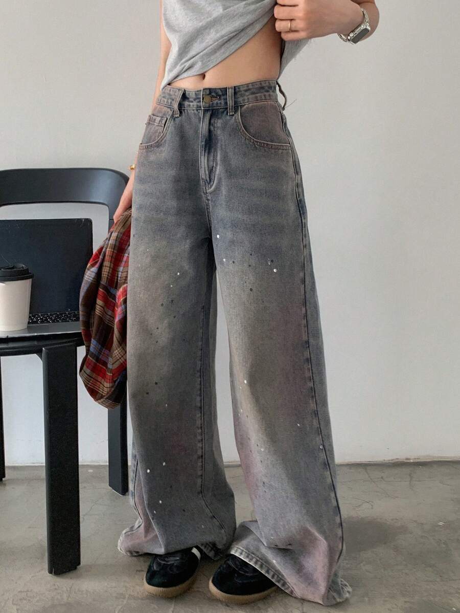 DAZY Oversized Loose Fit Asymmetrical Dip-Dye Gradient Sequin Decor Washed Denim Wide Leg Jeans, Colorful - Light Wash - View 1
