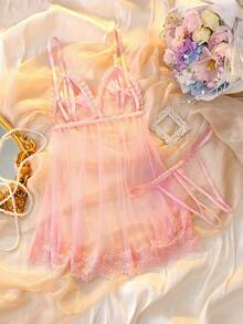 DelicateAllure 蕾丝拼布性感透视蝴蝶结撞色女式性感娃娃睡裙娃娃裙内衣内衣娃娃裙卡哇伊内衣粉色内衣套装夏季娃娃裙外出 - 粉色 - 查看 2