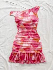 Soleia Women's Romantic Tie Dye Print Asymmetric Shoulder Ruffled Fitted Layered Mini Dress, Versatile For Party, Date, Afternoon Tea, Beach, Wedding, Graduation Season Pink - Multicolor - View 5