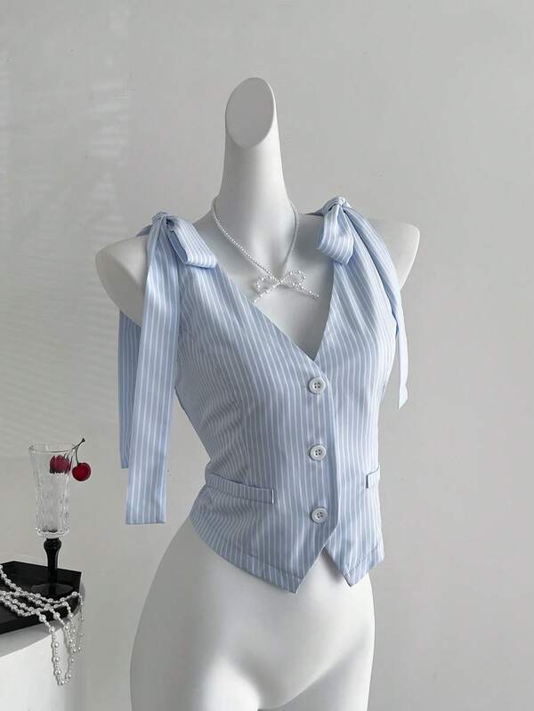 Sweetra New Women's Bowknot Strap Single Breasted Slim Fit Blouse, Striped Commuter