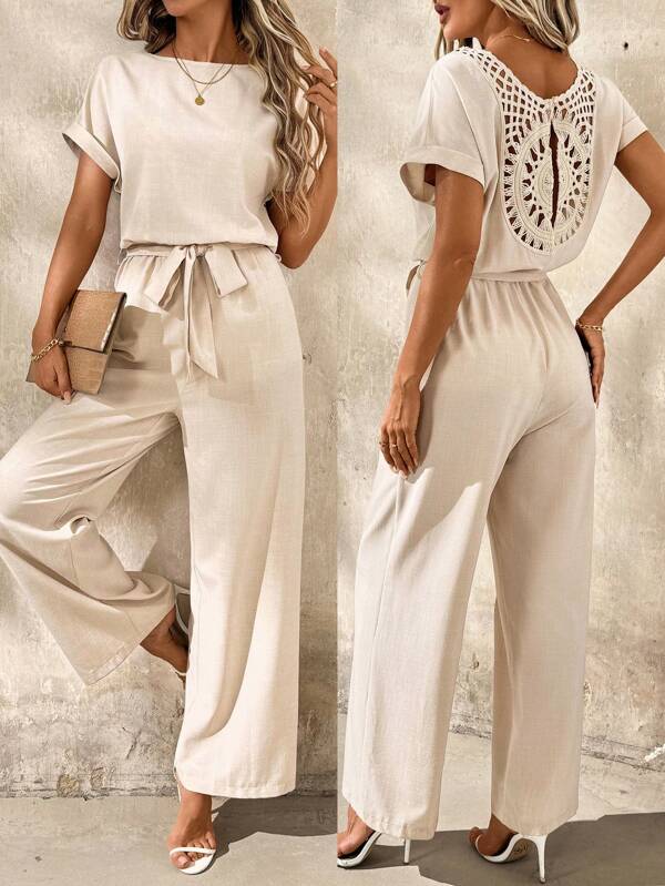 SHEIN Clasi Vacation Casual Apricot Romper With Back Ruffles