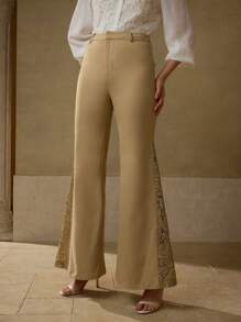 MOTF PREMIUM 女士优雅通勤蕾丝拼布喇叭腿休闲裤 - 卡其色 - 查看 4