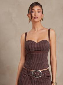 L'Amorae Women Pinstripe Cami Top With Adjustable Back Summer Office Business Casual - Brown - View 1