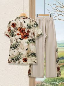 Lacomfia 2pcs Outfit Frill Trim Printed Cardigan Top With Side Patchwork Floral Pants, Comfortable Set - Multicolor - View 2