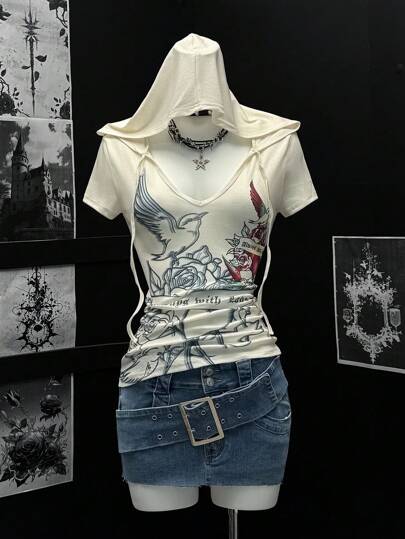 EgrlEra Women's Rose Flower Print Short Sleeve Hooded T-Shirt