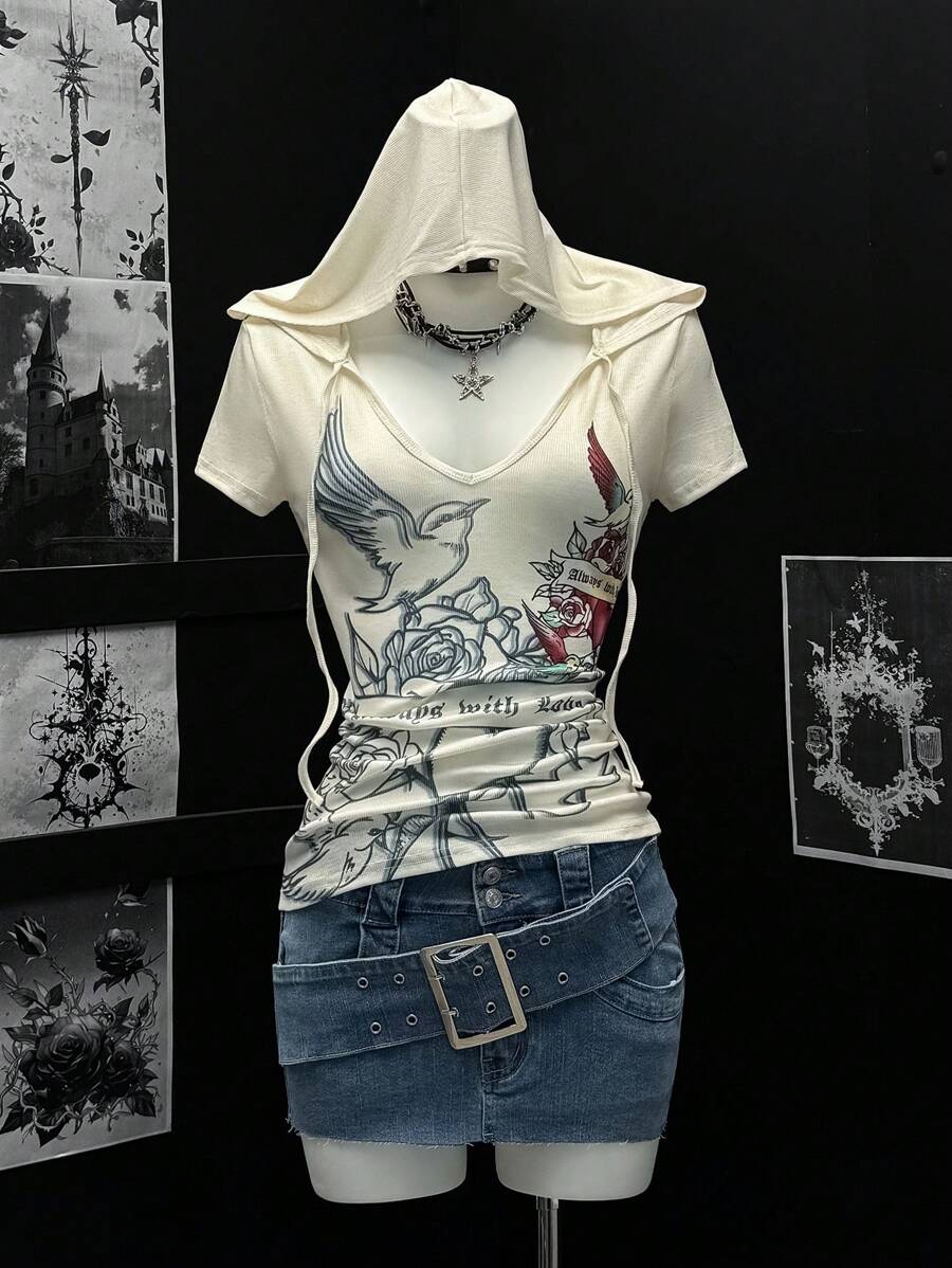 EgrlEra Camiseta con capucha de manga corta con estampa de flor de rosa para mujer