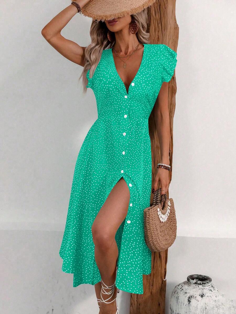 Breezaya 女士时尚波尔卡圆点印花盖袖纽扣连衣裙