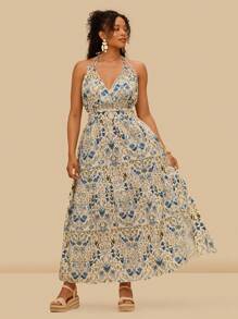 Travachic Đầm Maxi Cổ Halter In Hoa Cỡ Lớn Cho Nữ, Phong Cách Kỳ Nghỉ - Màu be - Xem 7