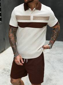 Manfinity CasualCool Conjunto de camiseta polo casual de hombre con rayas marrones y textura
