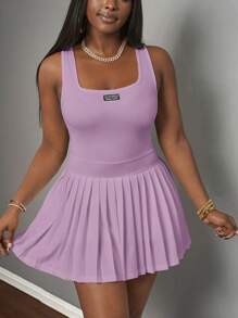 Slaydiva 新款春夏休闲简约基本款U领工装背心搭配黑标白字百褶裙含短裤和裤裙白色针织面料女式迷你连衣裙-A - 紫色 - 查看 6